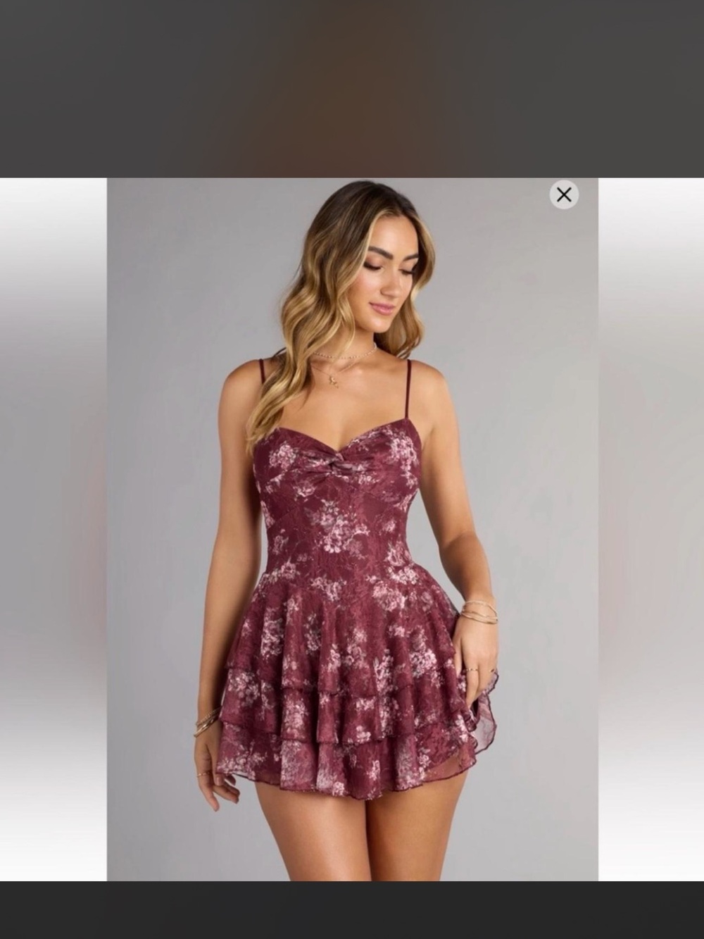 Windsor Dusty Rose Floral Lace Tiered Mini Dress